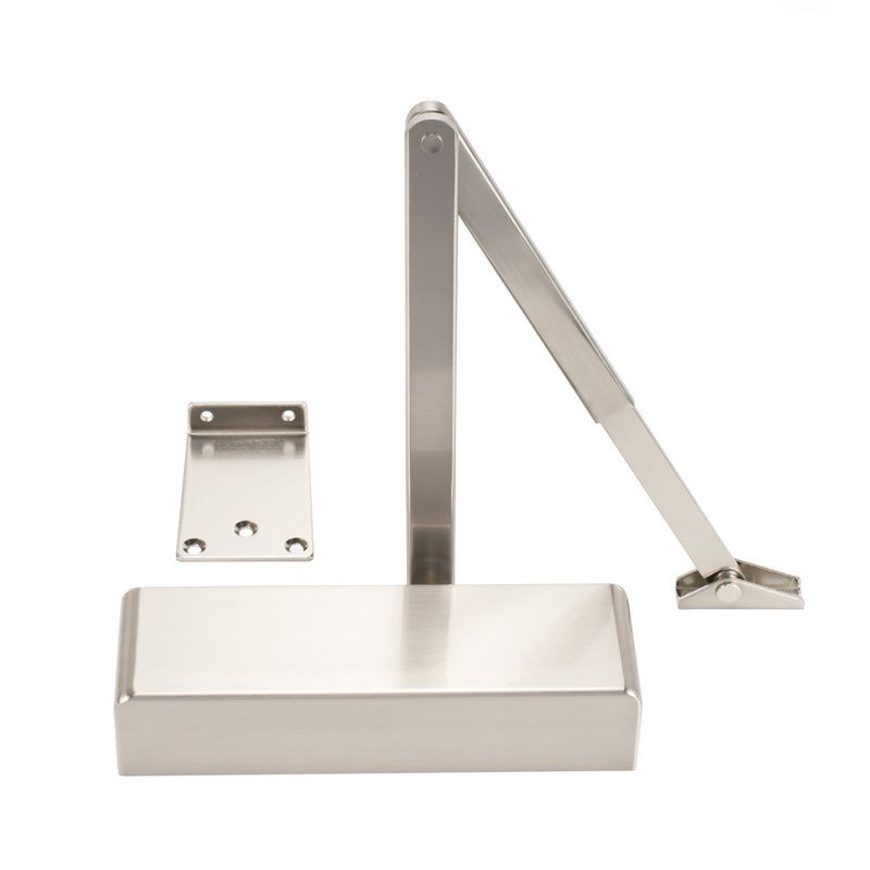 Zoo Hardware Size 2-4 Template Selectable Closer in stainless steel finish, complete with semi-radius cover and flat arm, featuring a durable design suitable for various door applications.