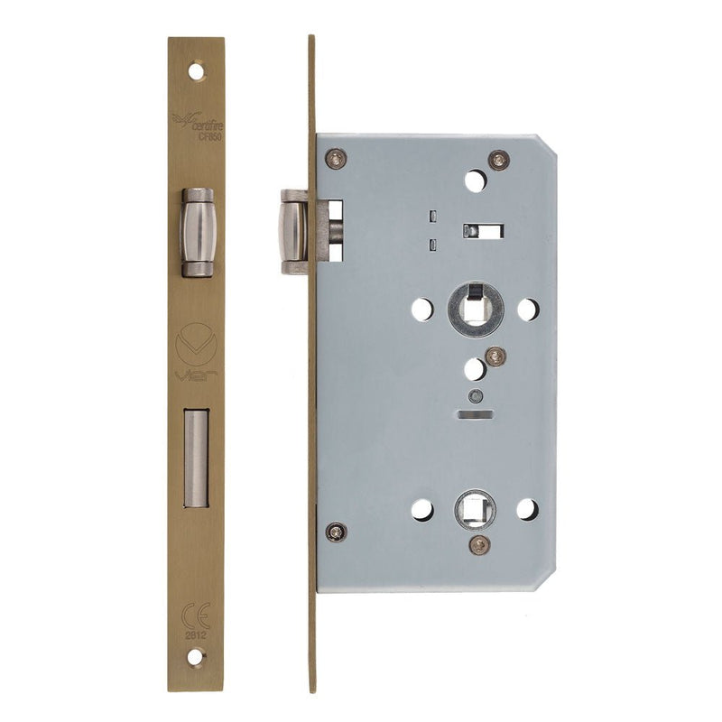 Zoo Hardware DIN Lift-to-Lock Sashlock with a 72mm backset and square forend in white, featuring a robust metal casing and locking mechanism suitable for door applications.