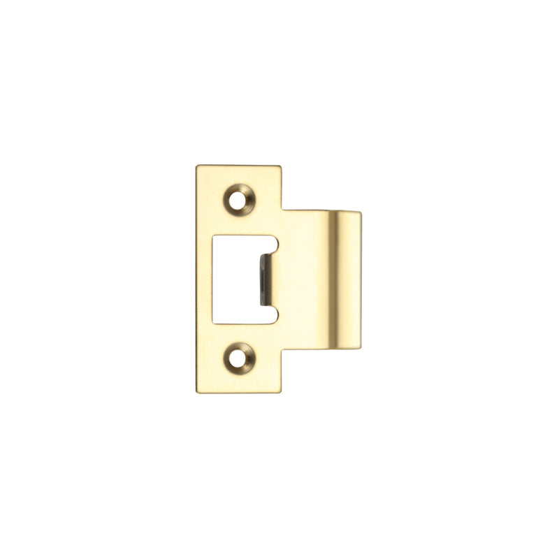 Zoo Hardware Tubular Latch Tongue Strikes in polished brass, designed as a spare component for latch mechanisms, featuring a rectangular shape with a central cut-out and two mounting holes.