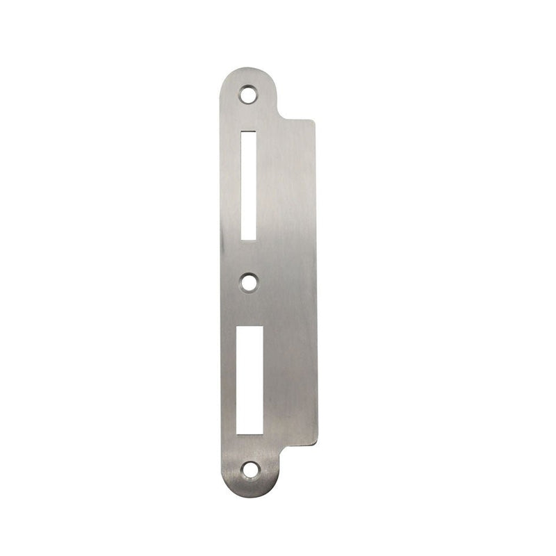 Zoo Hardware Spare Flat Strike to suit Roller Dins in stainless steel, featuring a rectangular shape with two elongated slots and three mounting holes for installation.