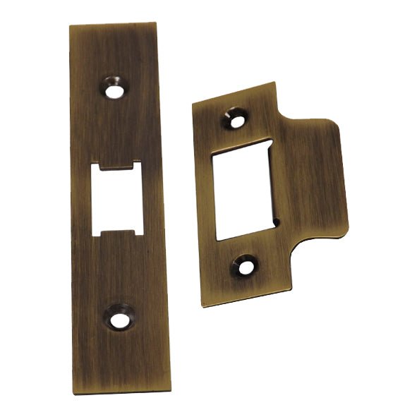 Zoo Hardware Spare Accessory Pack for UK Flat Latch - *BLANK* includes a forend and strike plate made of bronze-colored metal, with pre-drilled holes for easy installation.