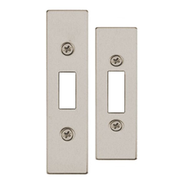 Zoo Hardware Spare Accessory Pack for UK Flat Dead Lock, consisting of forend, strike plate, and fixing screws, all in a brushed nickel finish.