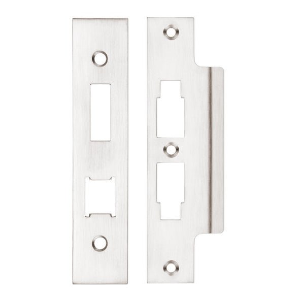 Zoo Hardware Spare Accessory Pack for UK Horizontal 3L Locks - BLANK - includes forend, strike, and fixing screws, made of brushed stainless steel, featuring a sleek design with precise cutouts for lock installation.