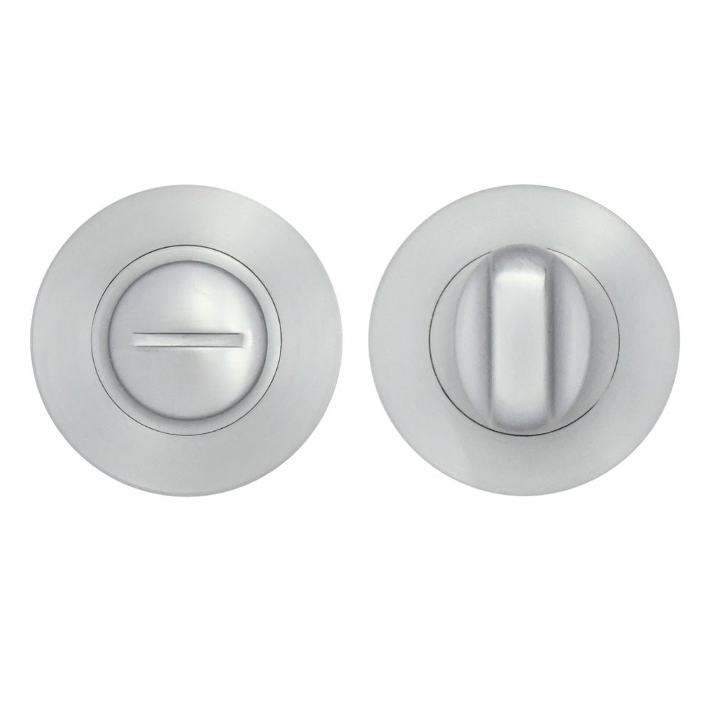 Zoo Hardware Turn & Release on Round Rose in satin stainless steel, featuring a round design with a turn mechanism on one side and a release button on the opposite side.