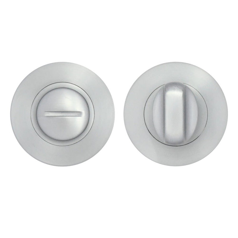 Zoo Hardware Turn & Release on Round Rose in a brushed stainless steel finish, featuring a round plate design with a turn button and release lever for locking mechanism.