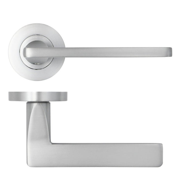 Zoo Hardware Leon Lever on Rose in a brushed stainless steel finish, featuring a modern lever design mounted on a circular rose.