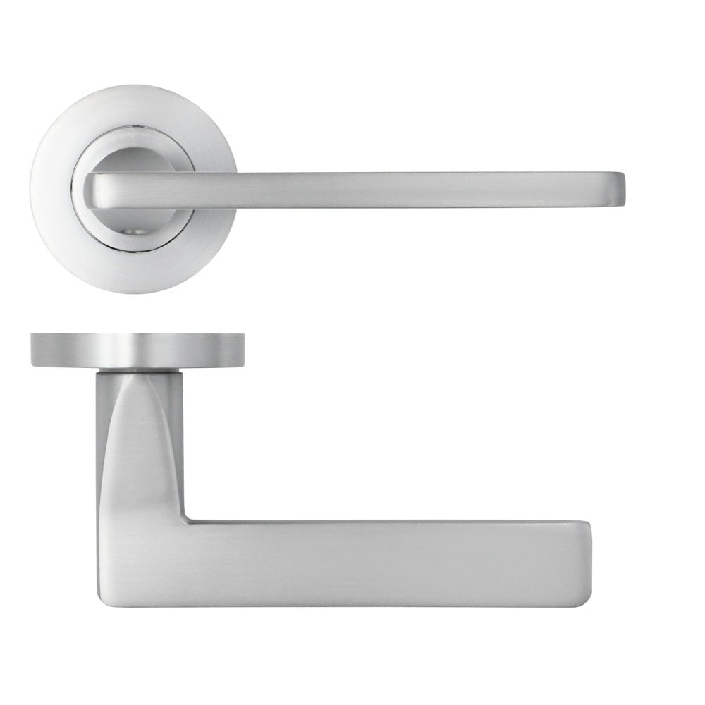 Zoo Hardware Leon Lever on Rose in a brushed stainless steel finish, featuring a sleek, minimalist design with a long lever handle and a round rose plate.