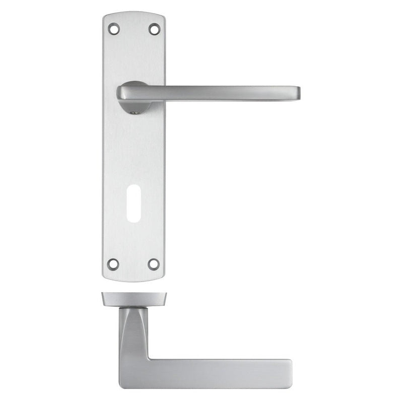 Zoo Hardware Leon Lever on Lock Backplate in a brushed stainless steel finish, featuring a sleek handle and rectangular backplate design for an understated look.