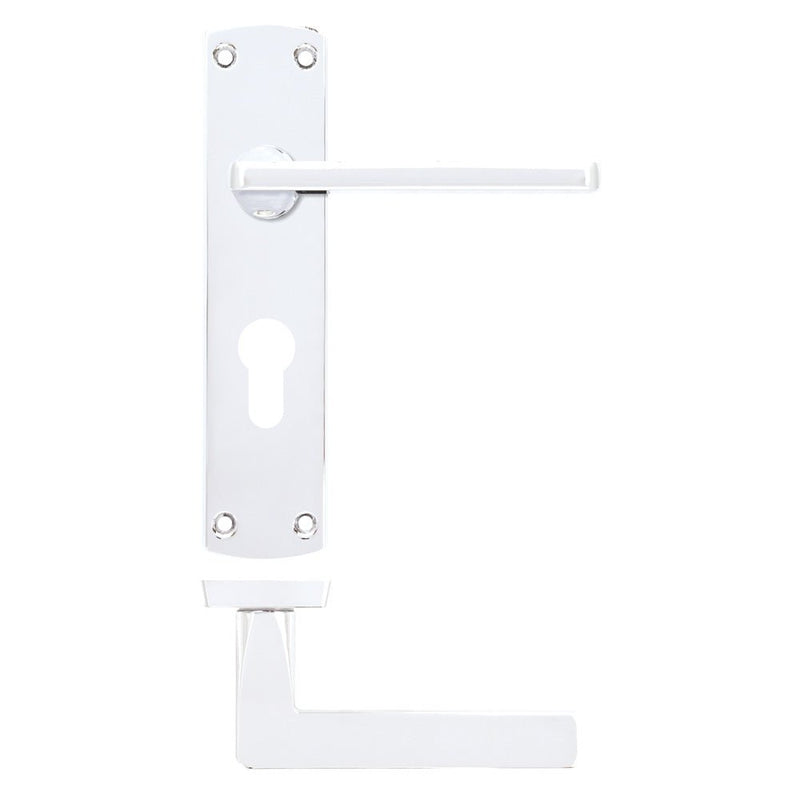 Zoo Hardware Leon Lever on Euro Backplate featuring a sleek white finish, with a rectangular backplate and a straight lever handle designed for door installation.