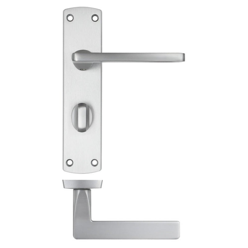 Zoo Hardware Leon Lever on Bathroom Backplate in brushed stainless steel featuring a modern lever handle and rectangular backplate design with a keyhole.