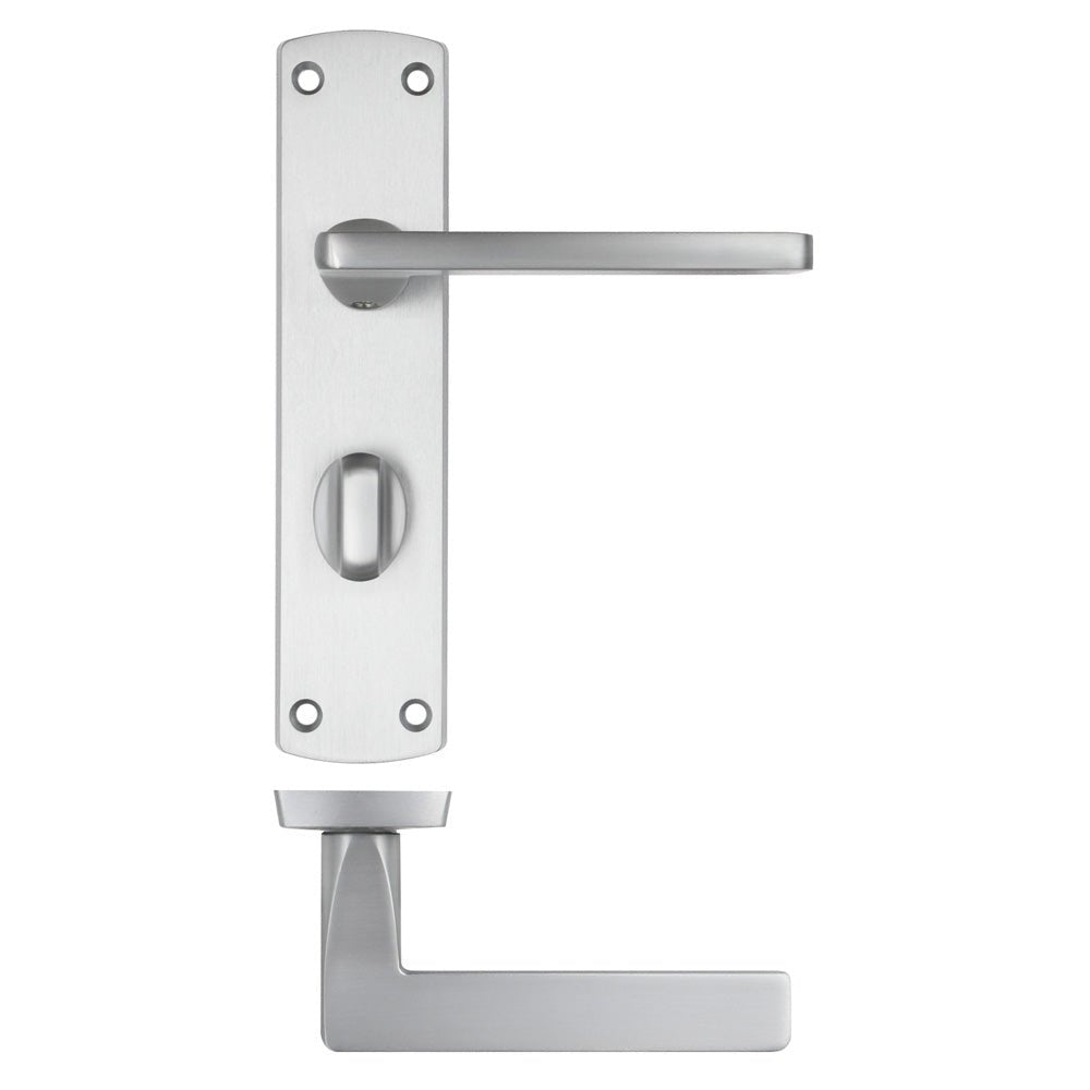 Zoo Hardware Leon Lever on Bathroom Backplate featuring a sleek stainless steel finish. The lever handle is mounted on a rectangular backplate with a privacy turn and a lower horizontal lever.