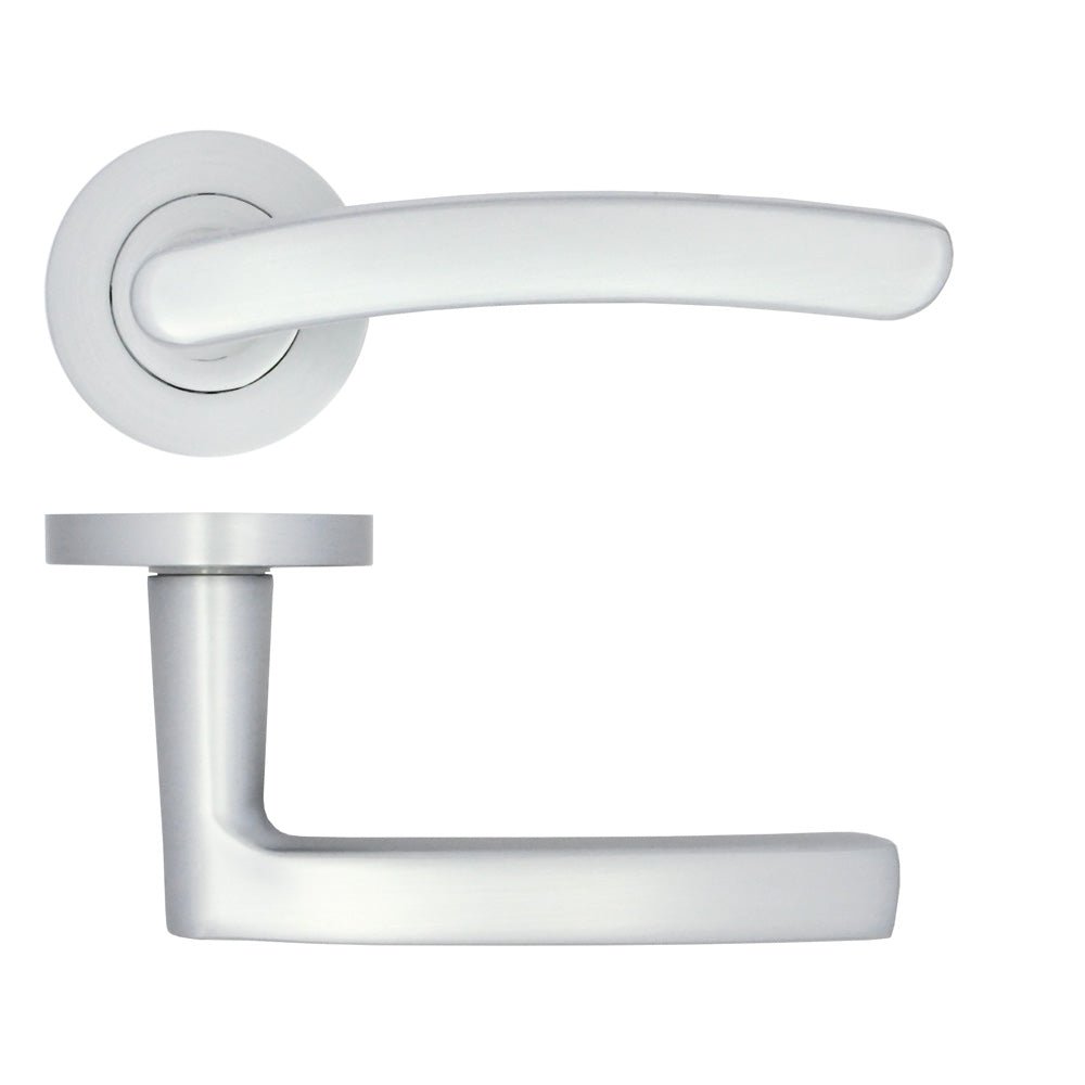 Zoo Hardware Santiago Lever on Rose in a satin finish, featuring a curved lever handle and a circular rose plate, both made of metal.