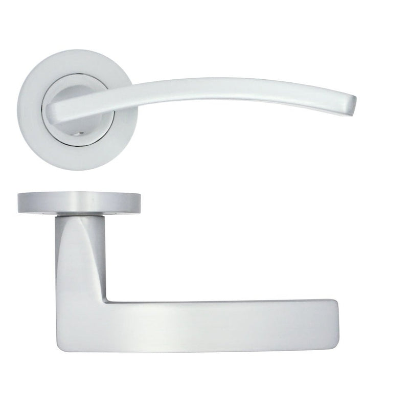 Zoo Hardware Toledo Lever on Rose in satin stainless steel, featuring a curved lever design with a round rose and a flat rectangular plate.