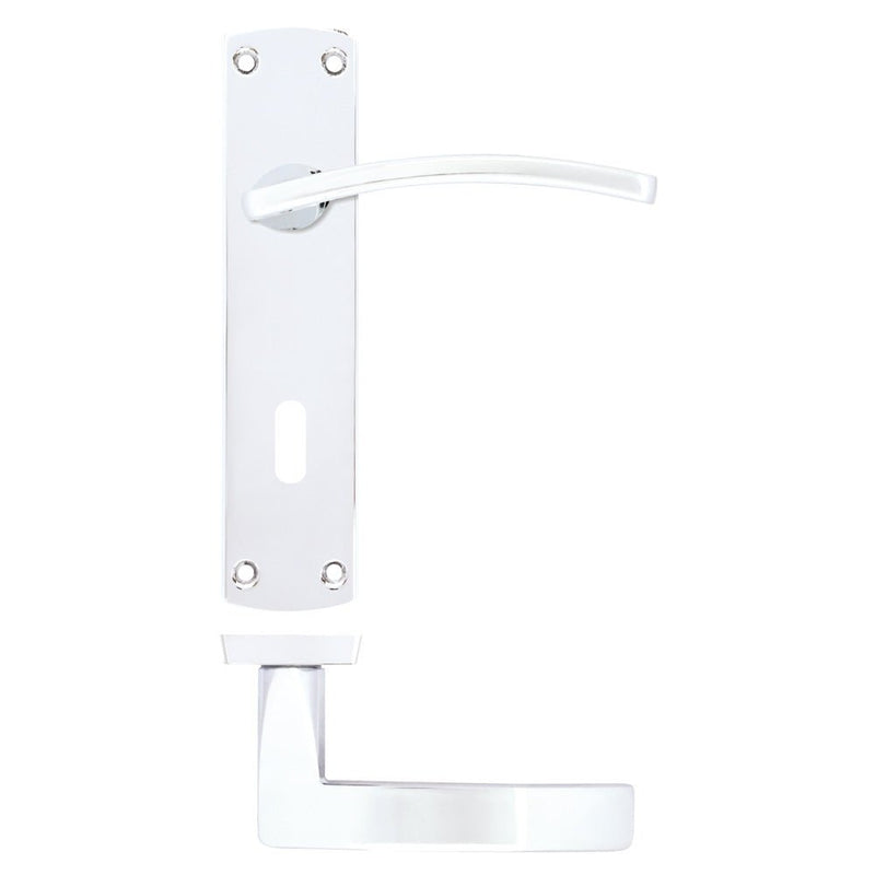 Zoo Hardware Toledo Lever on Lock Backplate in polished chrome, featuring a curved lever handle and a rectangular backplate with screw holes for installation.