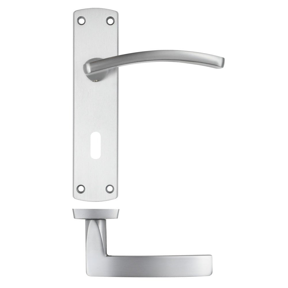 Zoo Hardware Toledo Lever on Lock Backplate in brushed stainless steel, featuring a curved lever handle and rectangular backplate design. The handle is mounted above a rectangular lock cutout and a square base.
