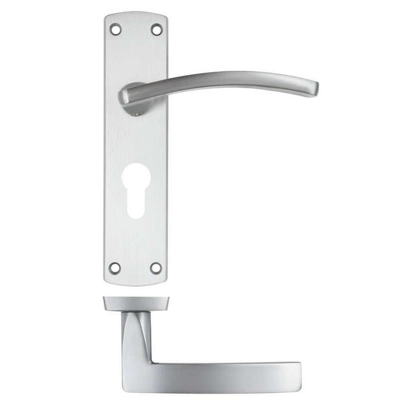 Zoo Hardware Toledo Lever on Euro Backplate in a sleek stainless steel finish, featuring a curved lever handle and a rectangular backplate with a keyhole cutout.