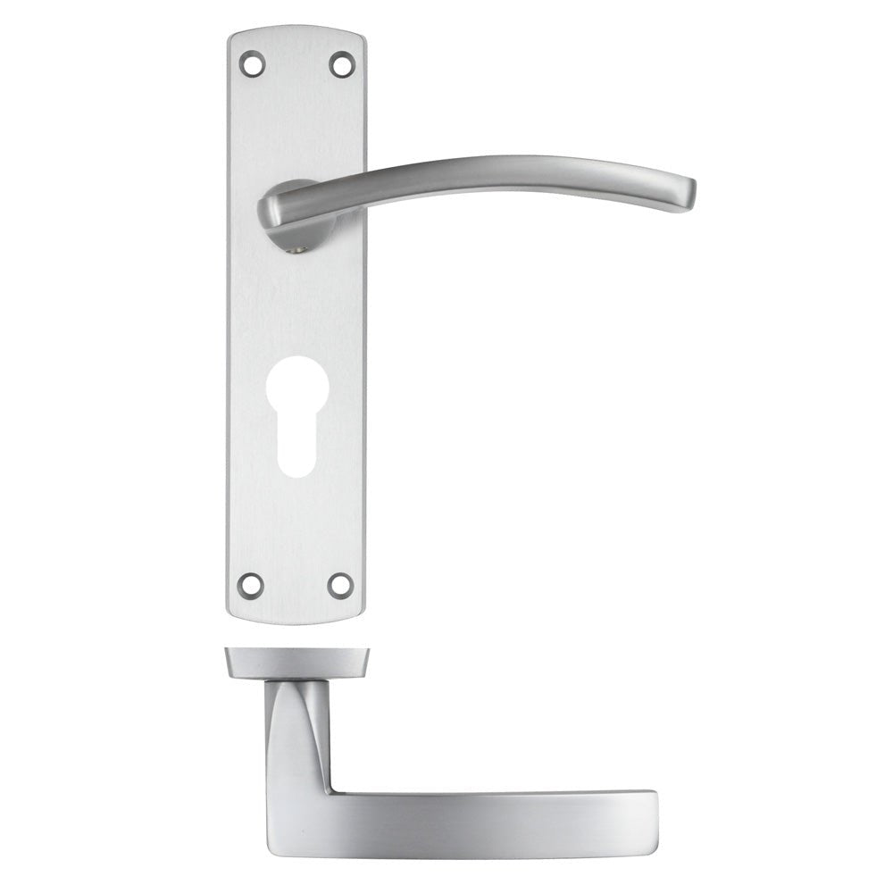 Zoo Hardware Toledo Lever on Euro Backplate in brushed stainless steel finish, featuring a curved lever handle on a rectangular backplate with a keyhole cutout and a squared bottom end.