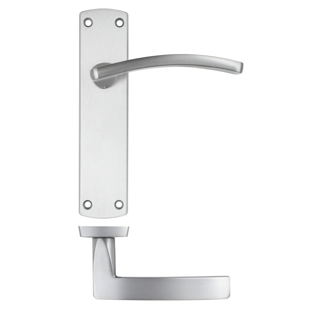 Zoo Hardware Toledo Lever on Latch Backplate with a satin chrome finish, featuring a curved lever handle and a rectangular backplate for an updated look.