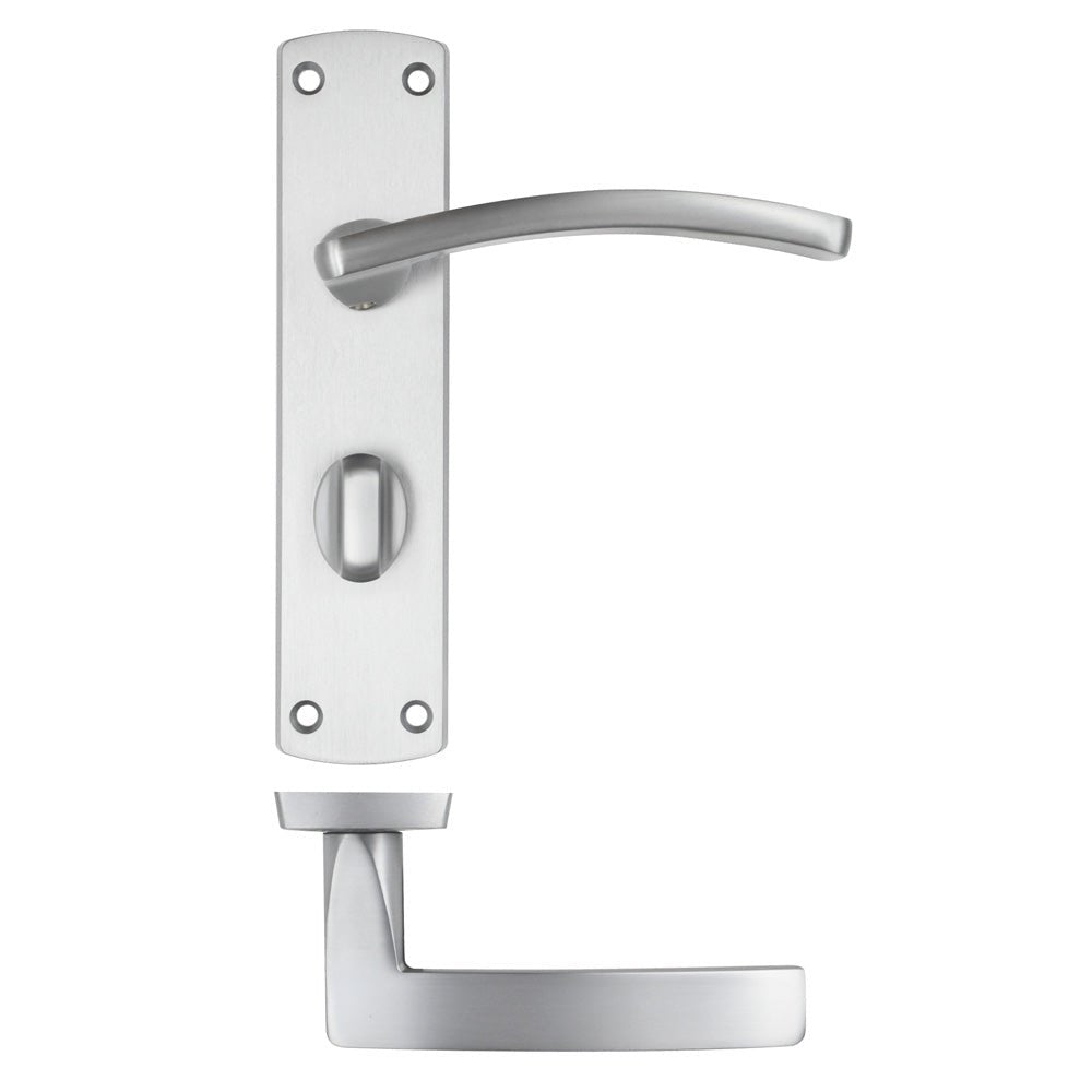 Zoo Hardware Toledo Lever on Bathroom Backplate in a satin chrome finish, featuring a curved lever handle on a rectangular backplate with a keyhole and a square handle at the bottom.