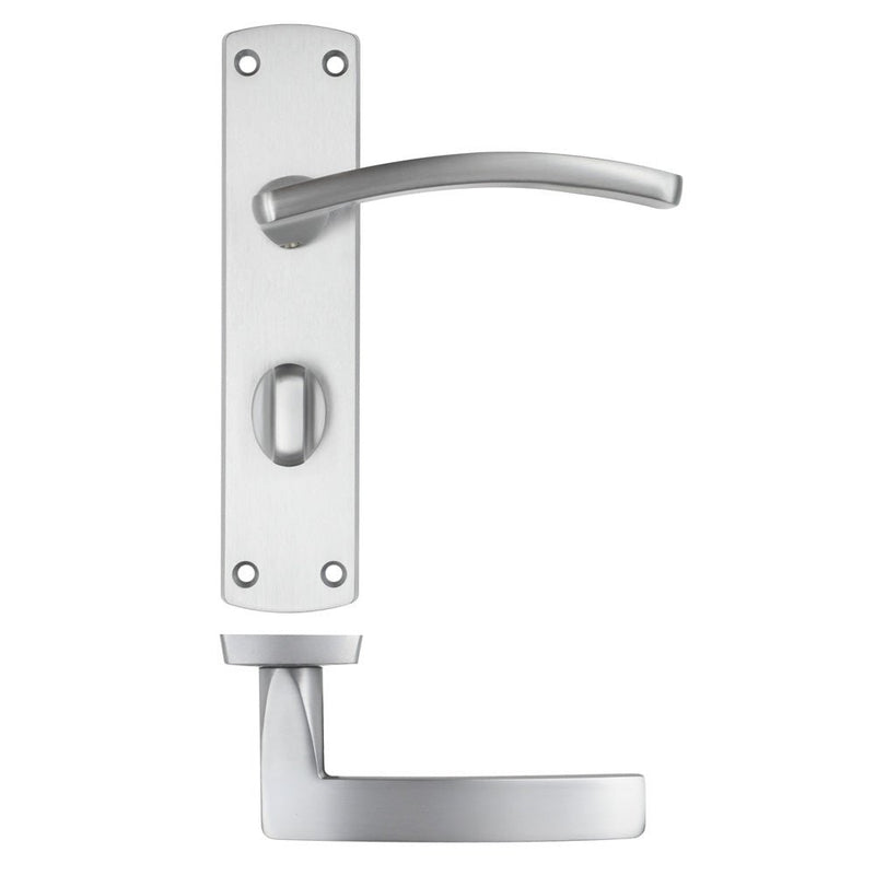Zoo Hardware Toledo Lever on Latch Backplate in a brushed stainless steel finish features a curved lever and a rectangular backplate with a thumb turn, designed for easy door access.