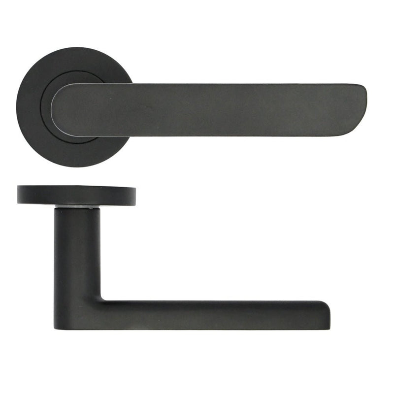 Zoo Hardware Valencia Lever on Rose in a matte black finish, featuring a modern lever design attached to a round rose plate.