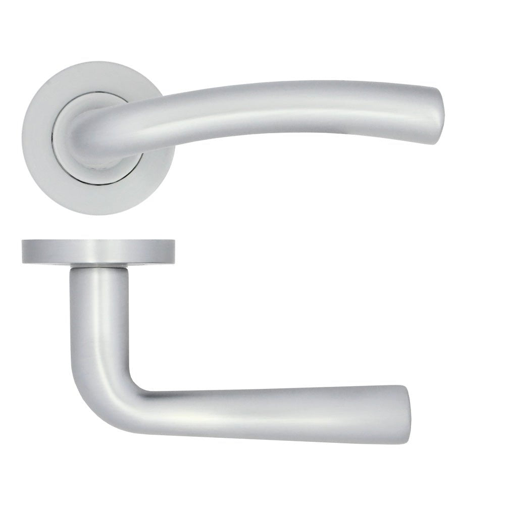 Zoo Hardware Seville Lever on Rose in brushed stainless steel featuring a curved lever design mounted on a round rose. This handle is designed for easy grip and installation on interior doors.
