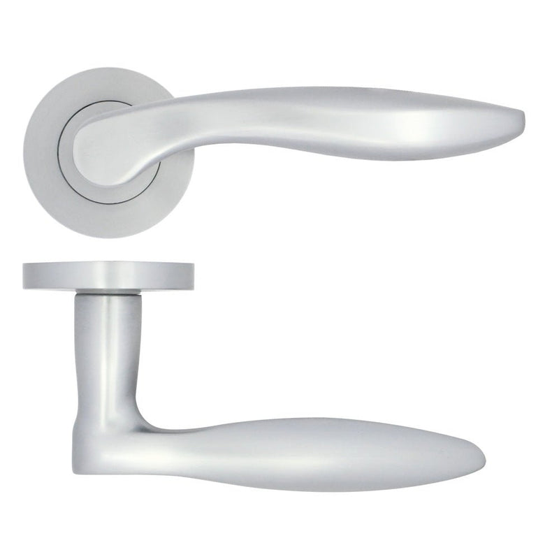 Zoo Hardware Cadiz Lever on Rose in a brushed satin finish, featuring a sleek, curved design with a round plate for mounting.
