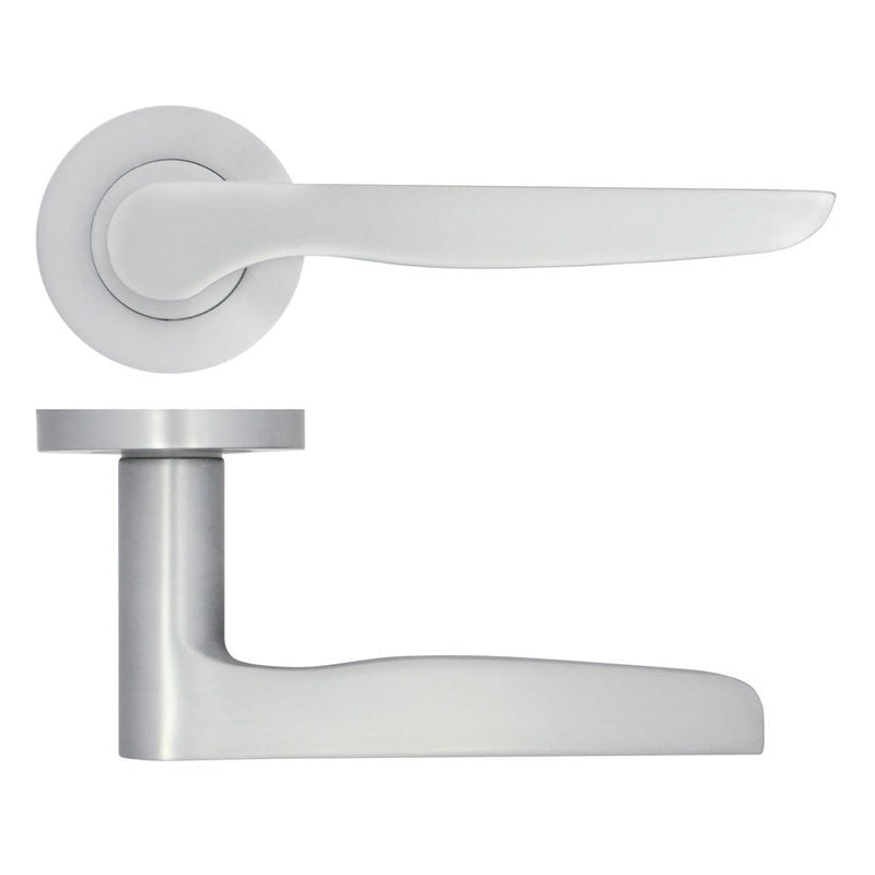 Zoo Hardware Vigo Lever on Rose in a sleek silver finish, featuring a modern lever design mounted on a round rose, suitable for door installations.