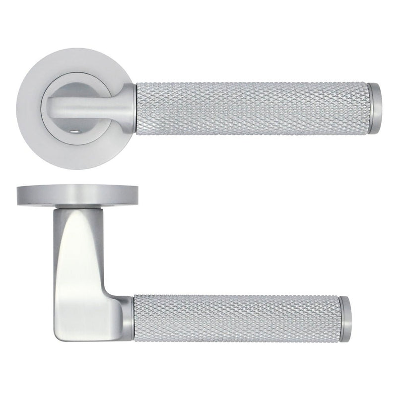 Zoo Hardware Bilbao Lever Design in brushed silver, featuring textured knurled grips and a circular rose plate, suitable for modern interiors.