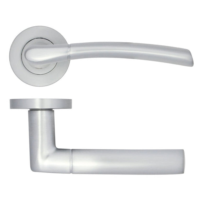 Zoo Hardware Andorra Lever on Rose in silver finish, featuring a sleek, contemporary design with a curved lever and round rose for easy grip and operation.