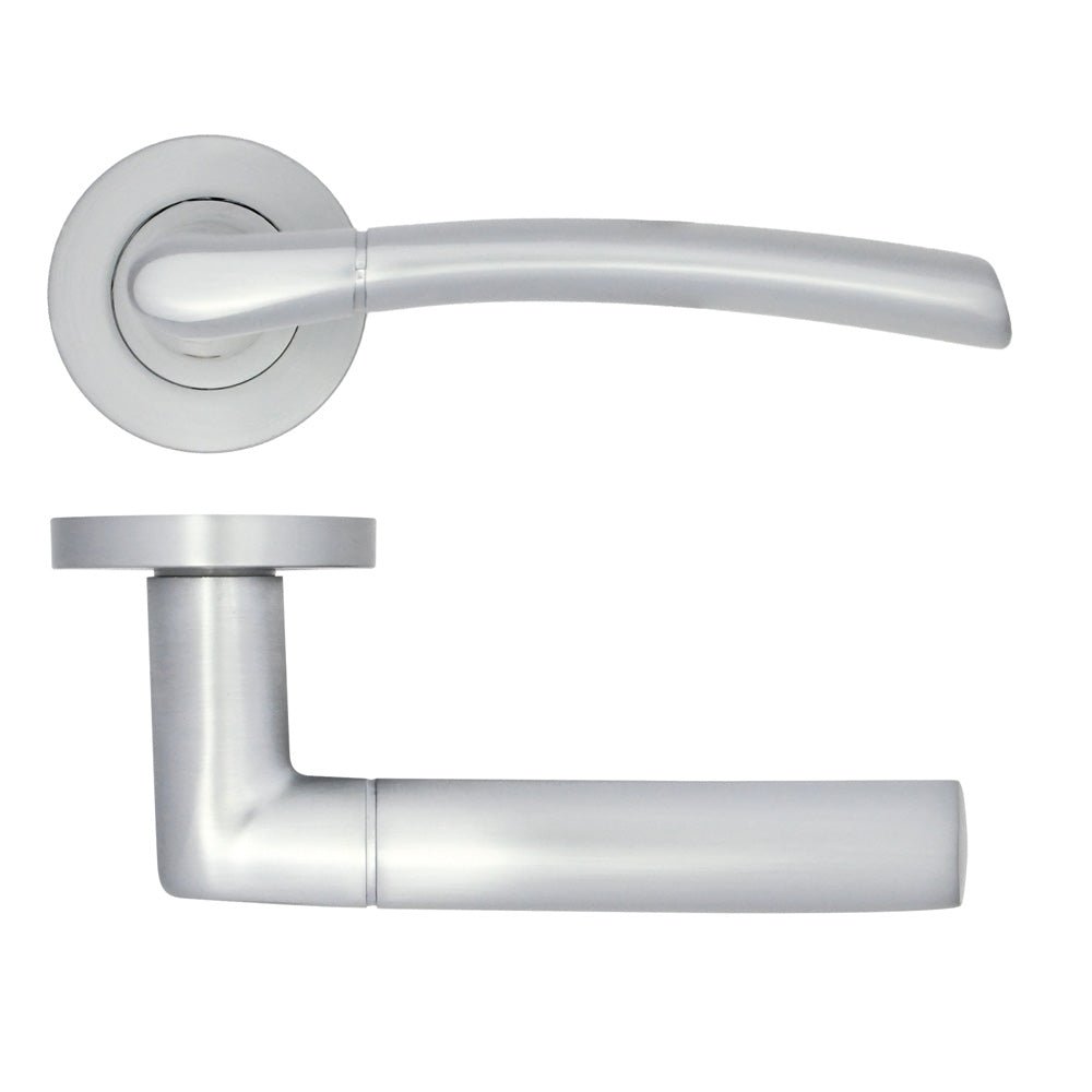 Zoo Hardware Andorra Lever on Rose in a brushed nickel finish, featuring a sleek curved handle design mounted on a circular rose. The lever includes a modern, angular shape suitable for various door applications.