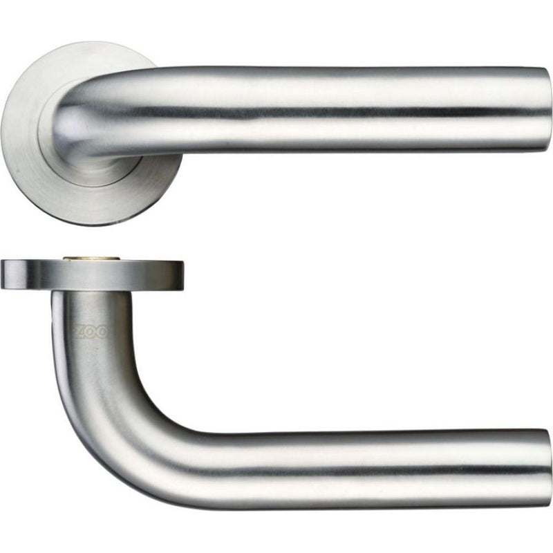 Zoo Hardware 22mm Radius Lever - Screw On Rose in brushed stainless steel, featuring a sleek curved design, mounted on a circular rose plate for easy installation.