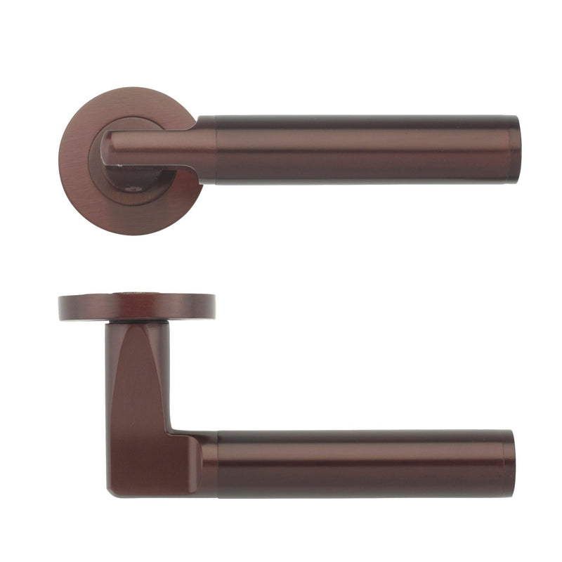 Zoo Hardware Milan Lever - Screw On Rose in dark bronze finish with a round rose and a slim, straight lever design, featuring smooth edges and modern aesthetic.
