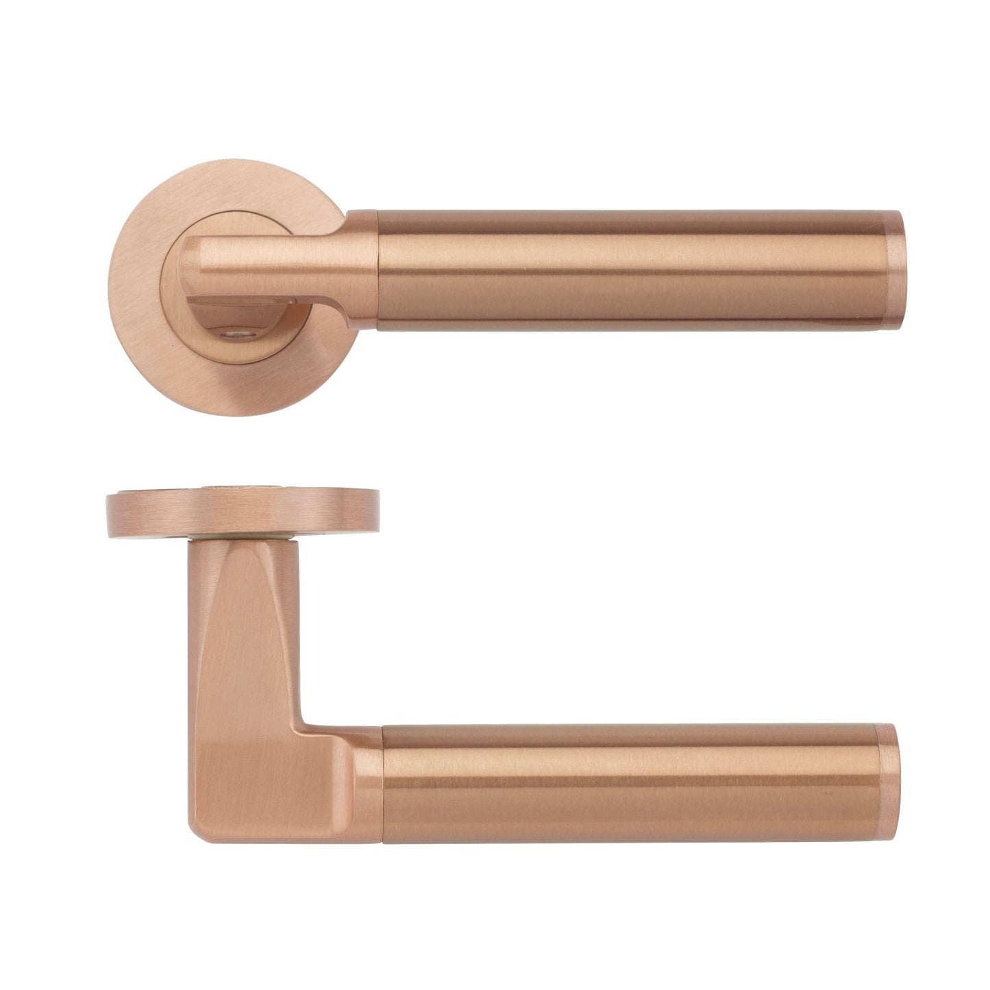Zoo Hardware Milan Lever - Screw On Rose in a brushed copper finish, featuring a round rose and a sleek lever design for door hardware.