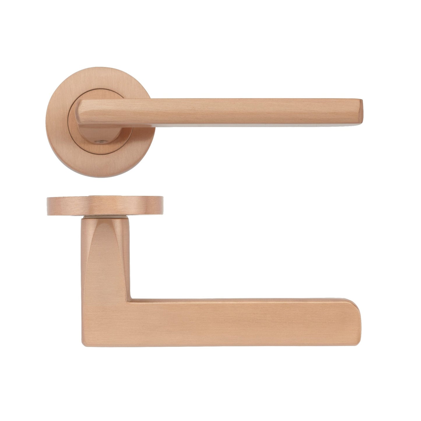 Zoo Hardware Venice Lever - Screw On Rose in a brushed copper finish, featuring a minimalist design with a straight lever and a round rose. The product is made from durable materials, ensuring longevity.