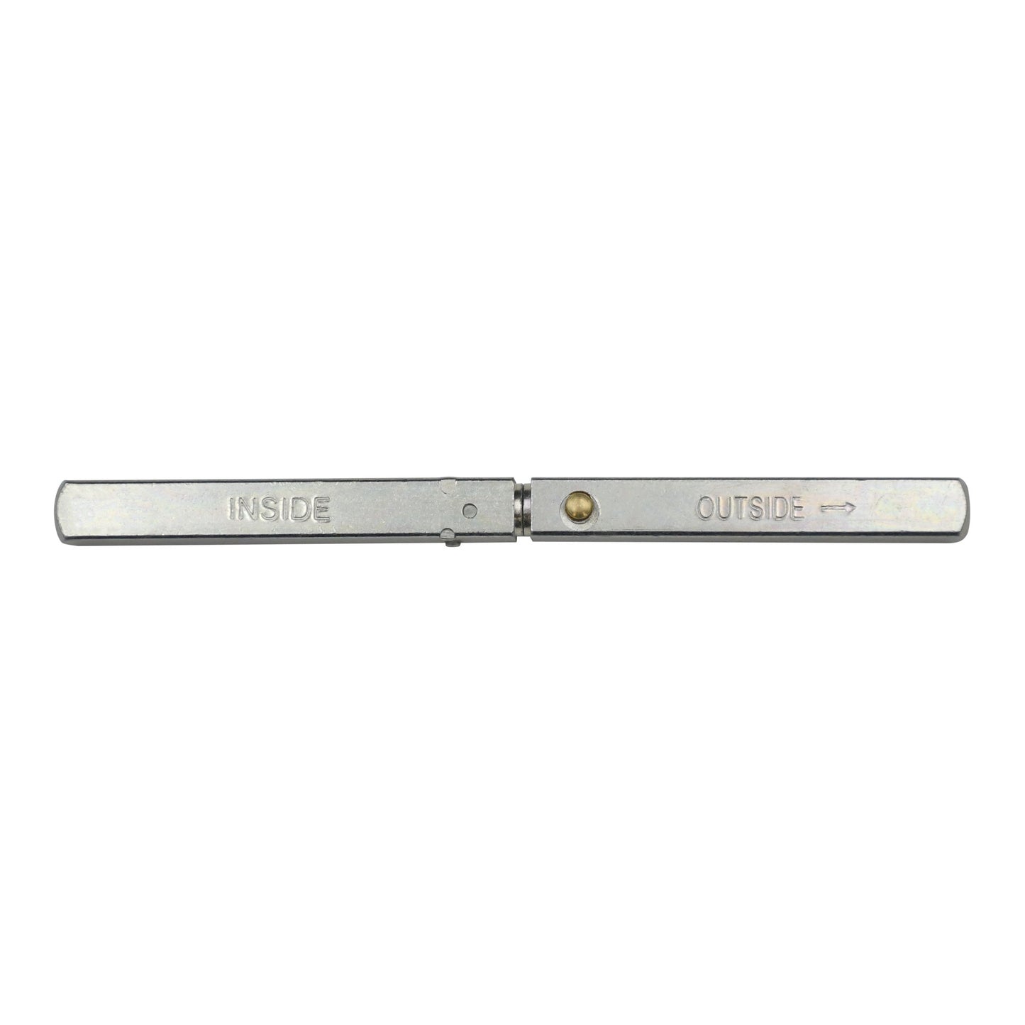 Zoo Hardware Spare Split Spindle for Escape Lock in metallic silver finish, showing labels "INSIDE" and "OUTSIDE," designed for use in locking mechanisms.