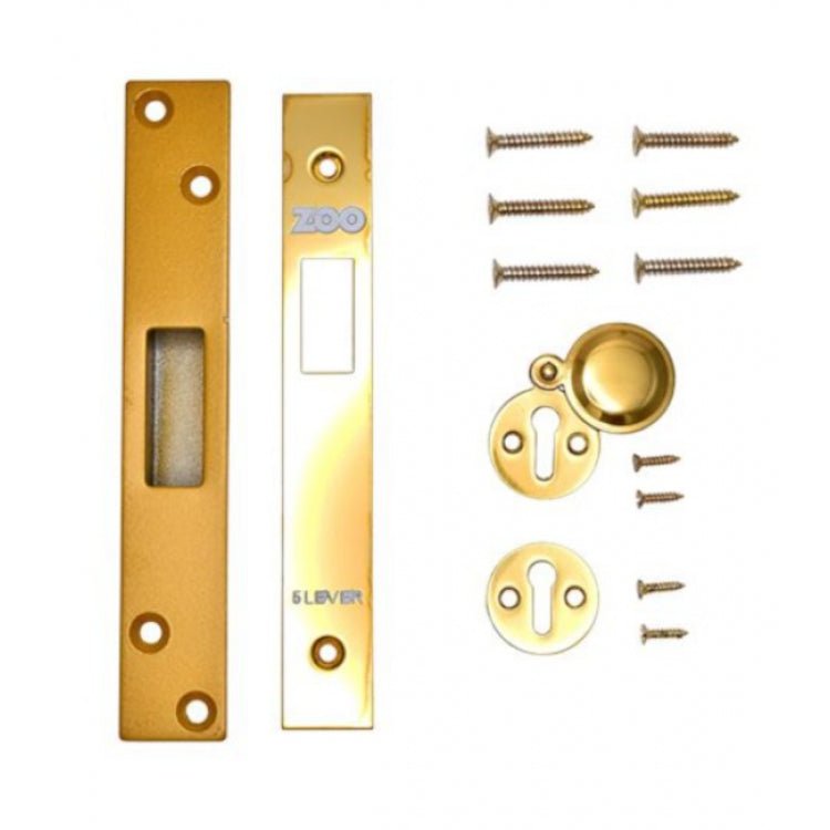 Zoo Hardware Spare Acc. pack for ZCRD73 includes a gold forend and strike plate along with various fixings, featuring multiple screws and a cylinder faceplate, all designed in a consistent gold finish.