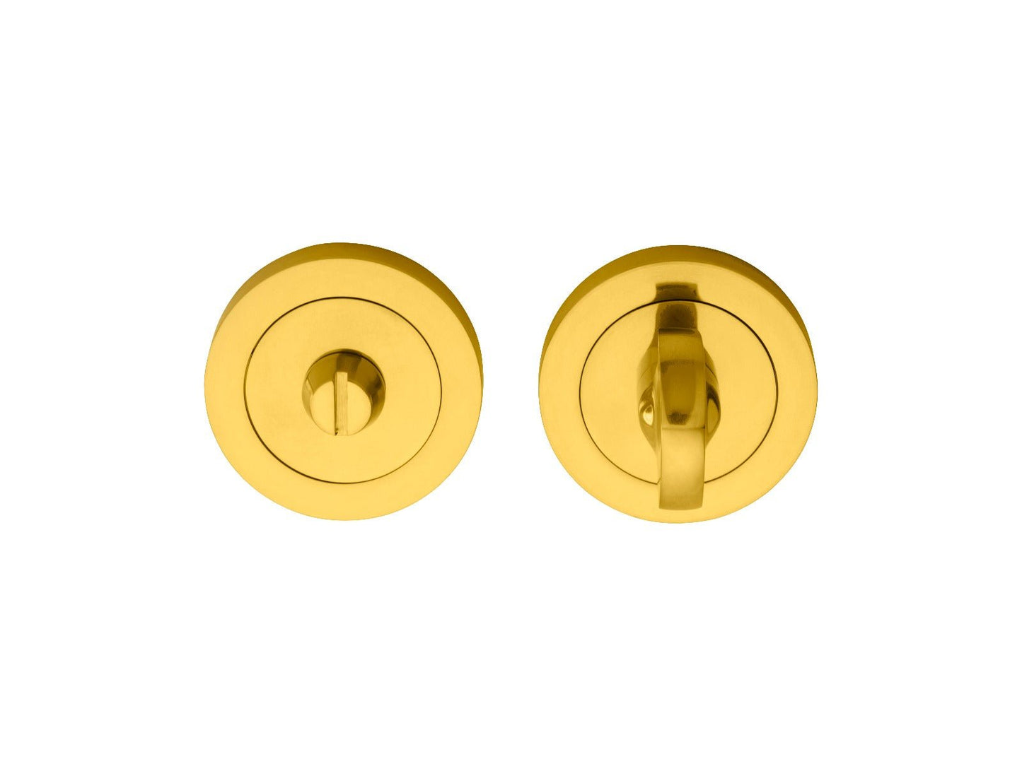 Carlisle Brass Thumbturn and Release in a polished gold finish, featuring a round design with a thumbturn mechanism on one side and a release button on the opposite side.
