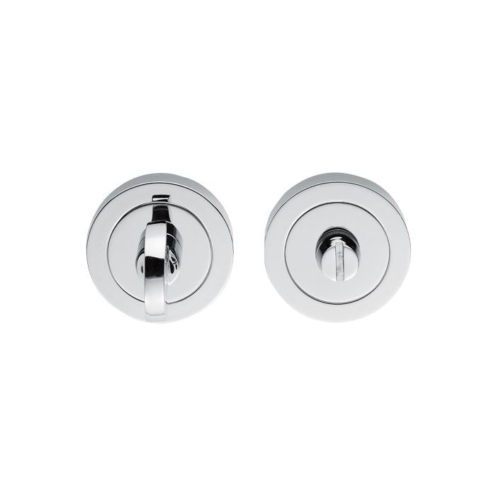 Carlisle Brass Thumbturn and Release in chrome finish featuring a round design with a thumbturn and keyhole, suitable for doors requiring privacy locking mechanisms.