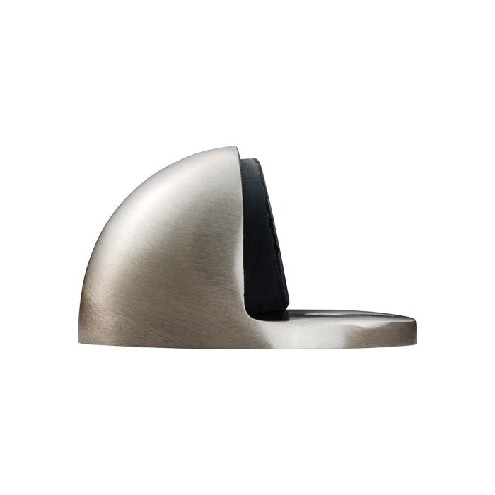 Carlisle Brass Oval Floor Mounted Door Stop in brushed nickel finish with a rubber bumper, designed for floor installation and featuring a rounded profile.