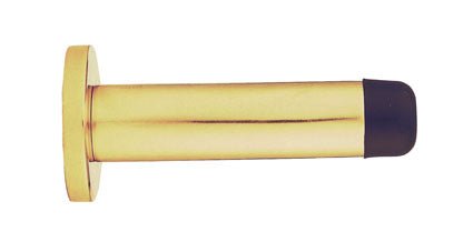 Carlisle Brass Wall Mounted Door Stop with Sprung option in polished brass finish, featuring a cylindrical design with a black rubber tip for door protection.