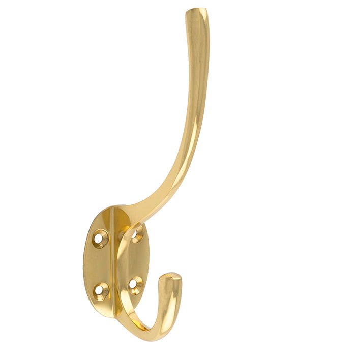 Carlisle Brass Hat and Coat Hook in a polished brass finish, featuring a sleek design with a long upper hook and a shorter lower hook, mounted on a rounded backplate with four screw holes.
