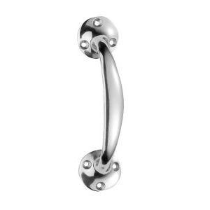 Carlisle Brass Bow Handle in a polished chrome finish, featuring a curved design with rounded mounting plates and visible screws. The handle is designed for durability and ease of use.