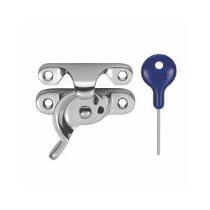 Carlisle Brass Fitch Pattern Sash Fastener in chrome finish, featuring a lever mechanism and a blue key for securing, designed for easy installation and operation.