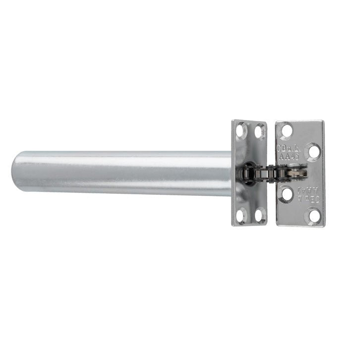 Carlisle Brass Concealed Chain Spring Door Closer features a silver cylindrical body attached to a flat plate with multiple screw holes for installation. The mechanism is designed to ensure smooth door closing.