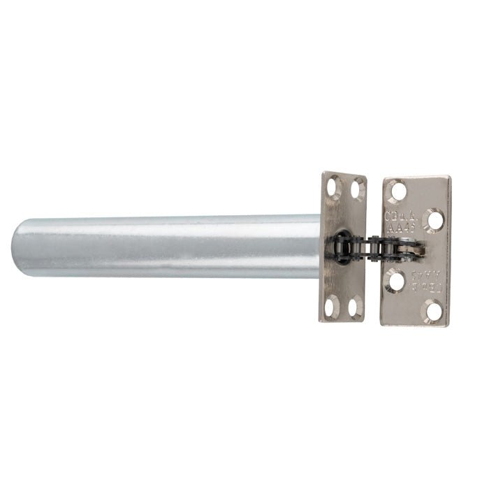 Carlisle Brass Concealed Chain Spring Door Closer with a cylindrical metal body and silver finish, showing two mounting plates featuring multiple screw holes for secure attachment.