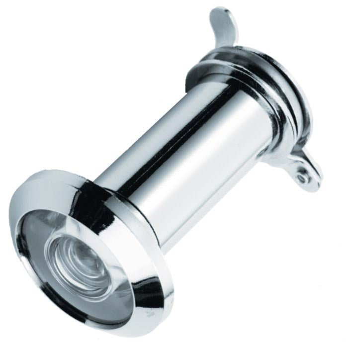 Carlisle Brass Door Viewer Plastic Lens with a chrome finish, featuring a circular viewing lens and a cylindrical body for installation in doors.