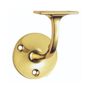 Carlisle Brass Lightweight Handrail Bracket in polished brass, featuring a round backplate and a curved arm to support handrails, with visible mounting holes for installation.