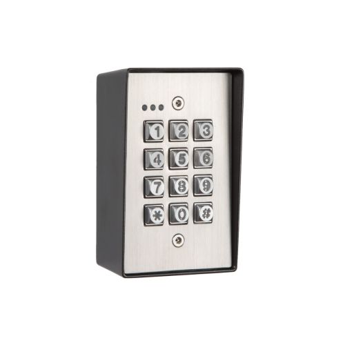 Zoo Hardware Internal / External Heavy Duty Stainless Steel Access Keypad with Latching Feature, featuring a stainless steel panel with a numeric keypad and a black housing for durability.