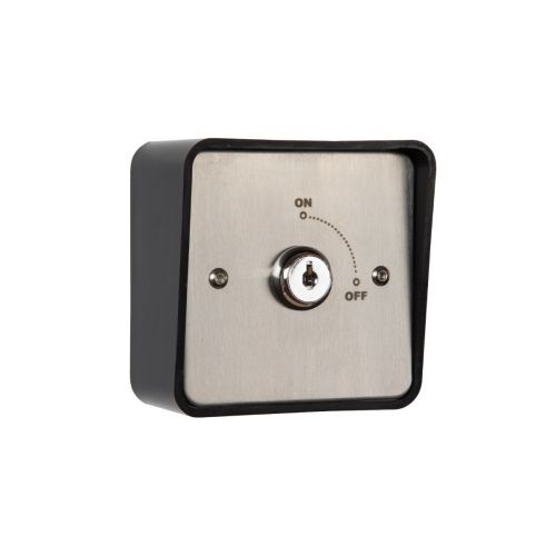Zoo Hardware On/Off Latching Key Switch in stainless steel plate with shrouded back box, featuring clear ON and OFF indications and a keyhole in the center.
